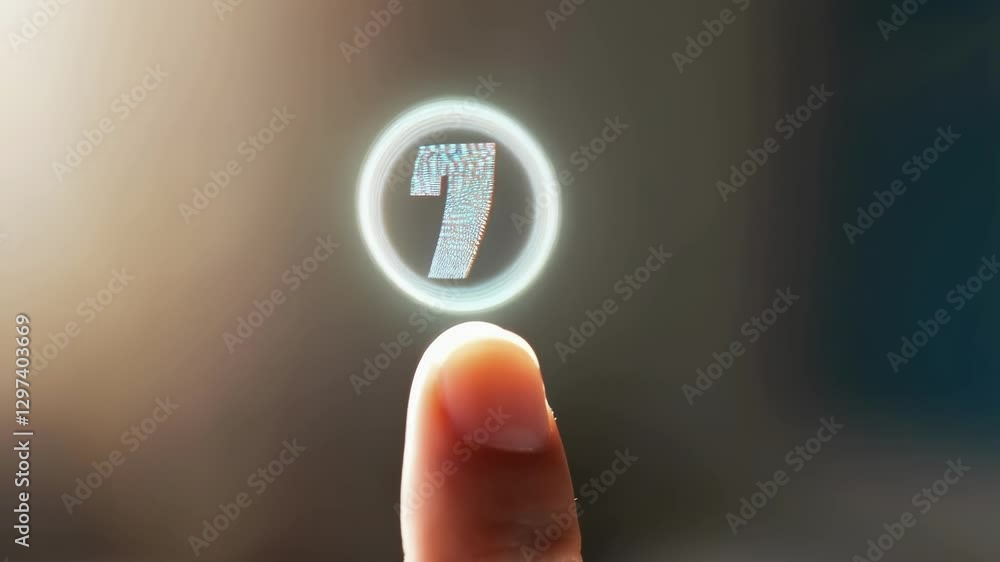 Poster Index finger is touching a holographic number seven floating in the air, symbolizing selection, activation, or interaction with a futuristic interface