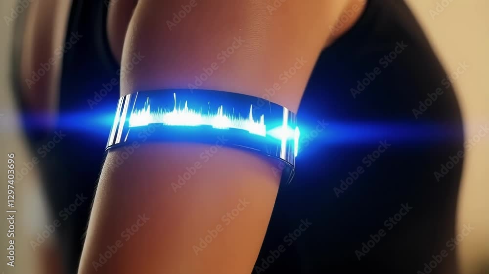 Poster Close up view capturing fitness tracker displaying blue waveform, measuring athletic performance and tracking real time exercise data on muscular athlete's arm during intense workout session