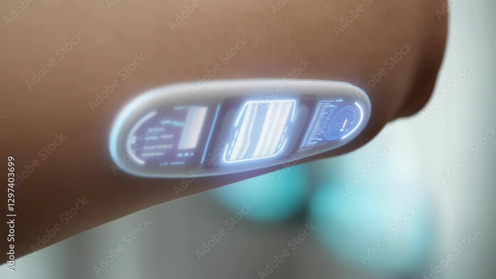 Poster animation shows a futuristic health monitoring implant attached to a person's arm, displaying variou