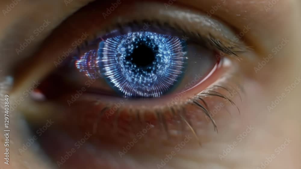 Poster Advanced digital scanning revealing intricate biometric data processing within woman's iris, highlighting futuristic medical technology and precise diagnostic visualization