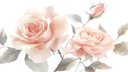 A soft, pastel watercolor illustration of roses in pink and beige tones, with delicate brushstrokes and ink lines. The design exudes romance and sophistication, capturing nature's timeless beauty.