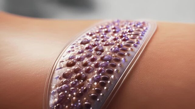 Medical innovation featuring advanced microneedle patch penetrating skin surface, delivering medication directly into patient's arm with precision and minimal discomfort