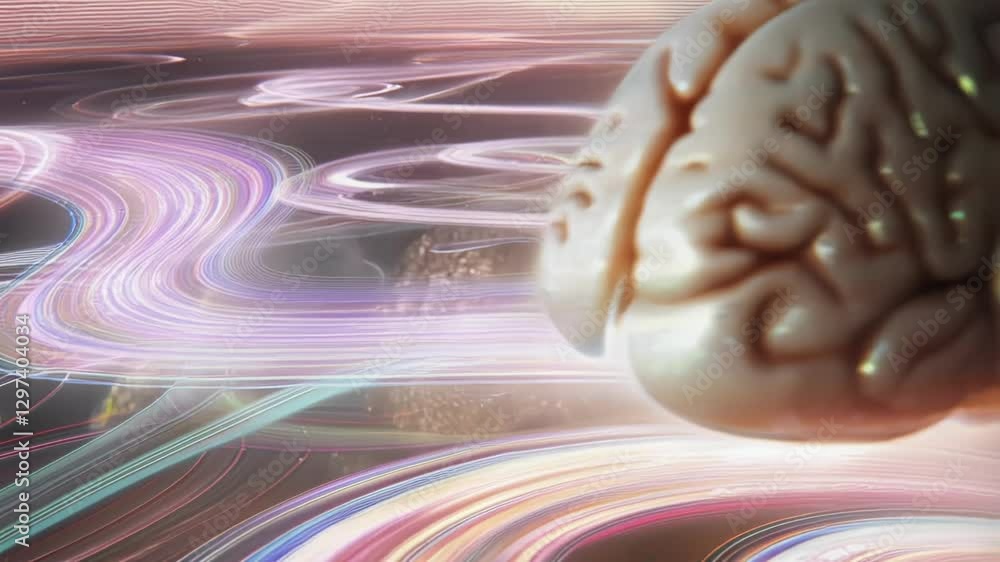 Aufkleber Glowing brain model floats in an abstract space with swirling energy patterns, suggesting concepts of consciousness, thought, and neural activity