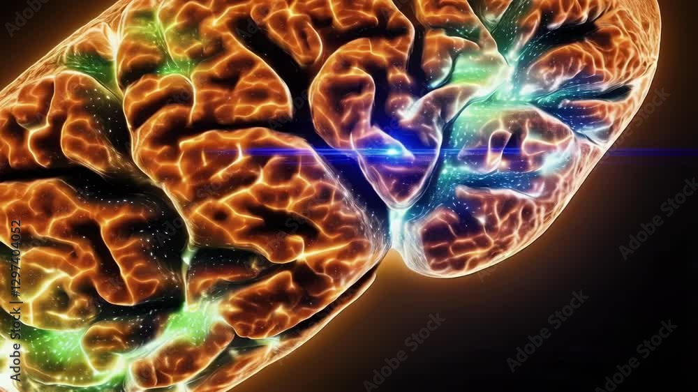 Aufkleber Neural energy radiating dynamically from brain center, transforming luminescent hues from deep blue to vibrant green, symbolizing cognitive connectivity and neurological activity