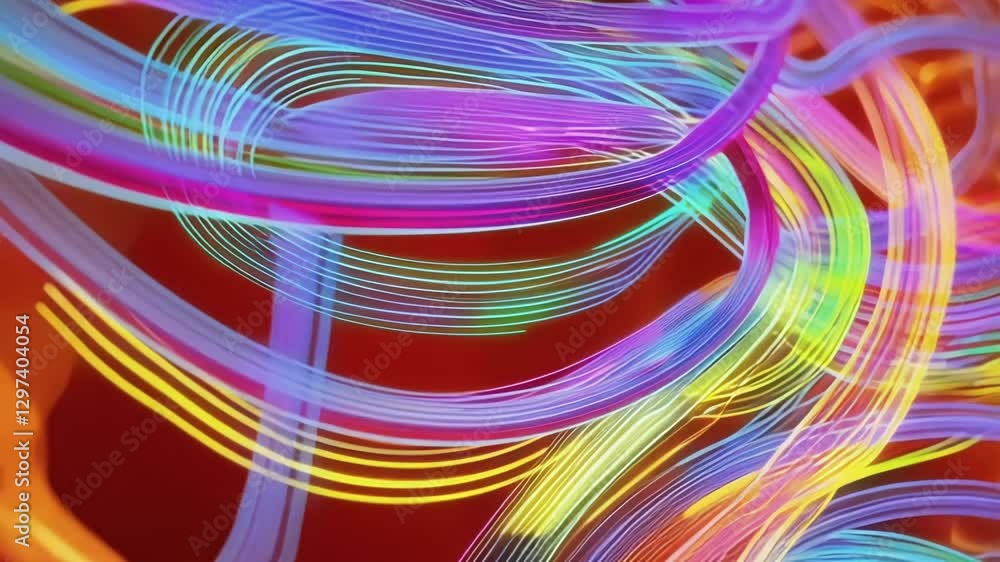 Aufkleber Colorful, glowing fibers move and intertwine against a backdrop resembling organic tissue, suggesting a microscopic view of biological processes or energy flow within a living organism