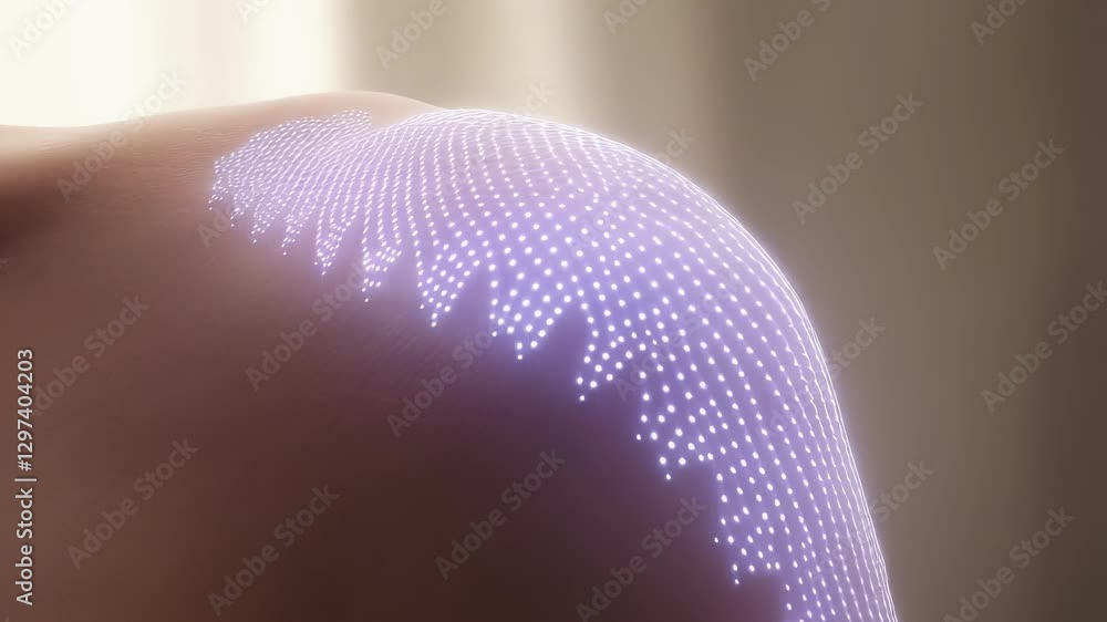 Poster glowing particles gradually form a detailed anatomical representation of a shoulder, showcasing a fu
