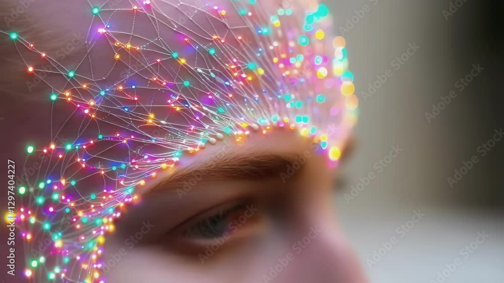 Aufkleber Glowing neural network visualization spreading across forehead symbolizing complex brain activity, neuroscience research, and cognitive connections