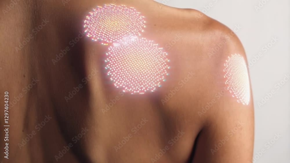 Poster microscopic nanobots glowing and merging while precisely repairing human shoulder muscle tissue, rep
