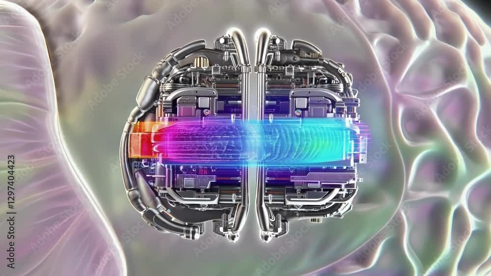 Aufkleber Complex metallic structure resembling a human brain processes colorful data streams, suggesting advanced technological integration with biological systems
