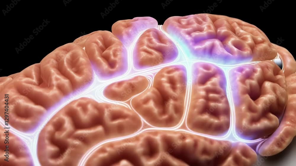 Poster Glowing lines highlight neural connections and activity spreading from a central point on a detailed anatomical model of a human brain, isolated on a white and black background