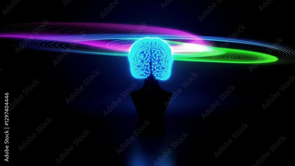 Poster Light trails are rotating around a glowing digital brain, symbolizing brain activity, consciousness, or a technological concept related to artificial intelligence