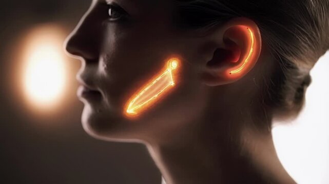 Medical animation showing the jaw and ear bones of a woman, highlighting potential problems or areas of interest for diagnosis or treatment