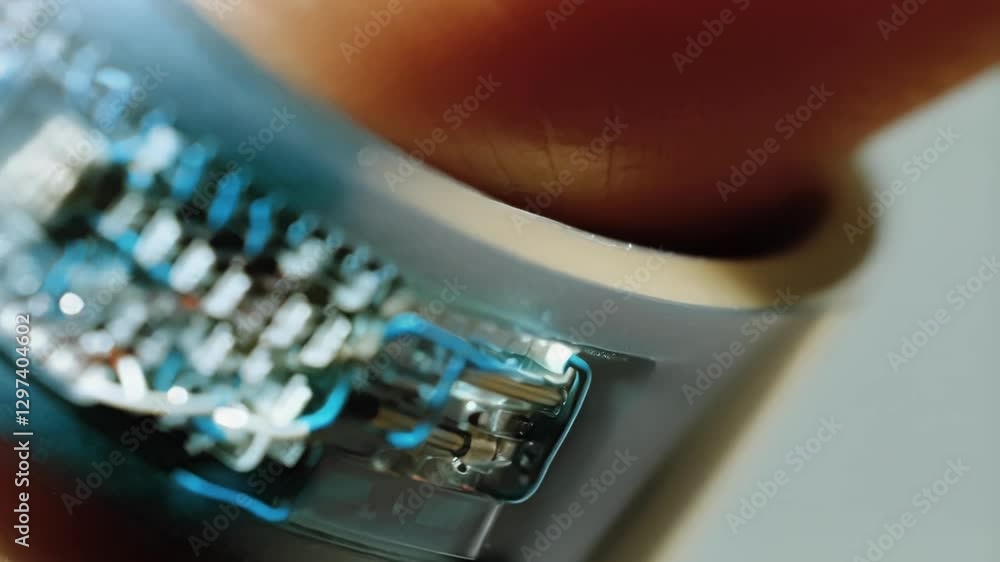 Poster Electronic components and circuitry within a transparent finger worn health monitoring device are showcased, providing a detailed view of its internal workings