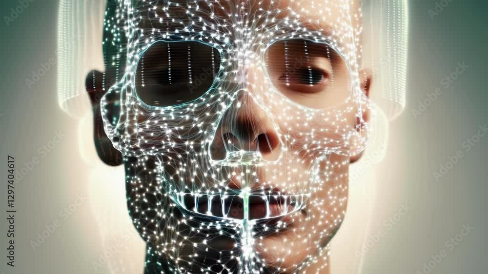 Poster Advanced technology maps a woman's face, revealing her underlying skull structure with glowing lines and dots, creating a futuristic visualization of facial recognition and analysis
