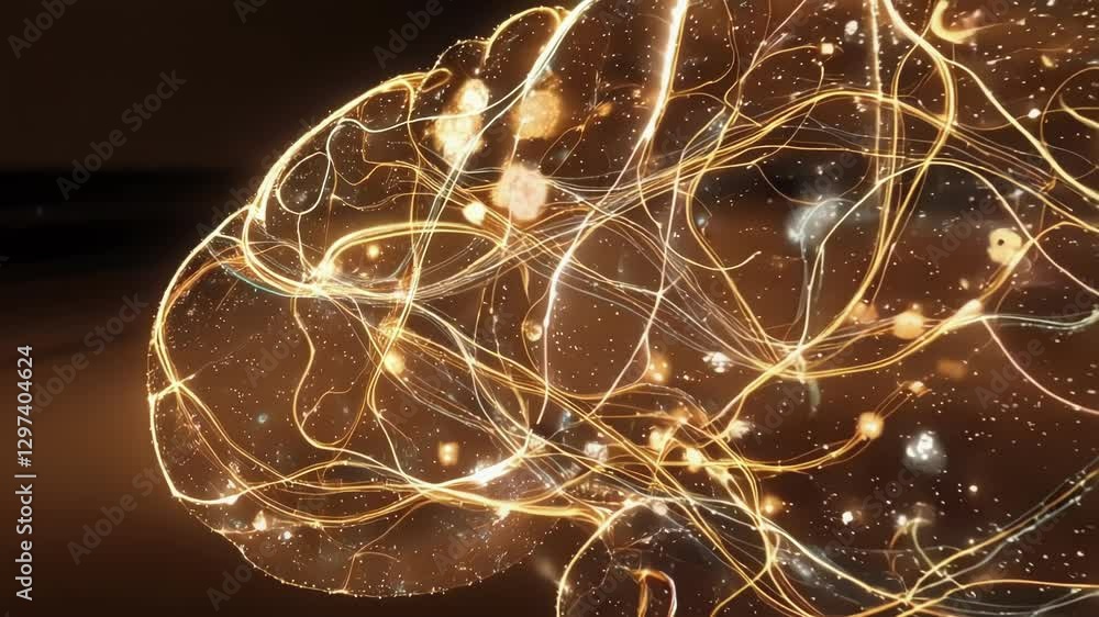 Poster Neural connections inside a transparent human brain are initially highlighted in blue and gradually shift to orange, indicating a change in activity or state