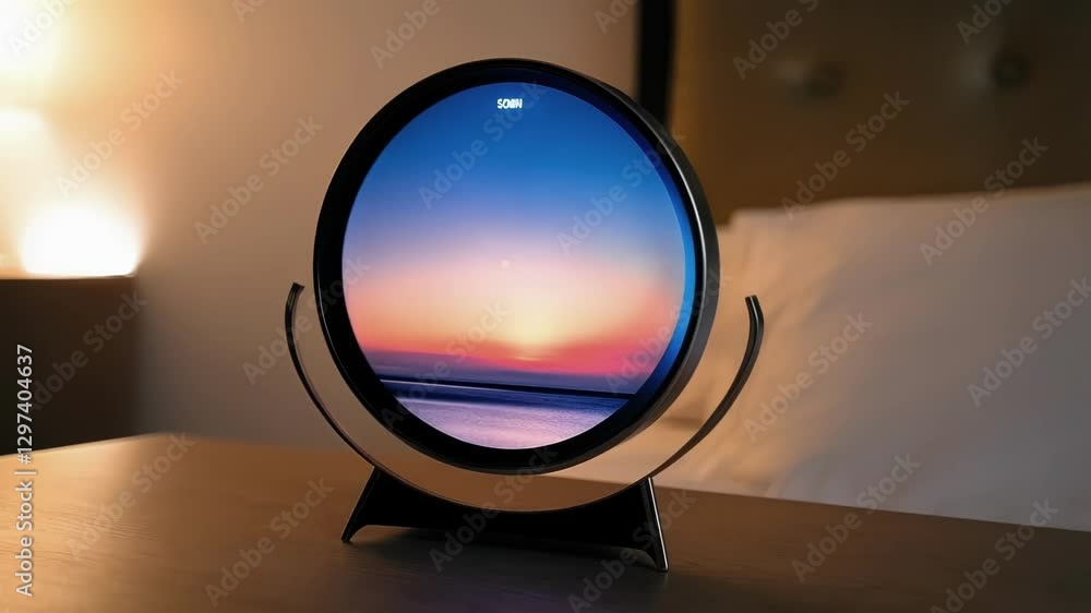Poster modern circular display changes colors, simulating a sunrise, placed on a nightstand in a softly lit
