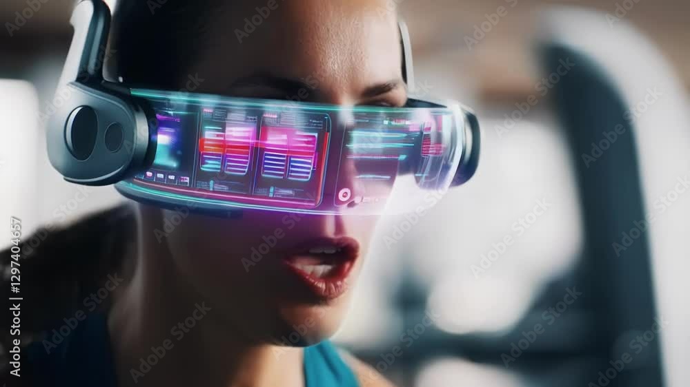 Poster athletic woman engaging with advanced performance metrics through futuristic augmented reality heads