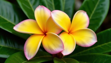 Obraz premium Two vibrant yellow flowers with pink edges, surrounded by lush green leaves.