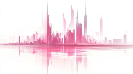 Naklejka premium Pink city skyline reflection, urban scene, futuristic, artistic, abstract, sunrise, horizontal