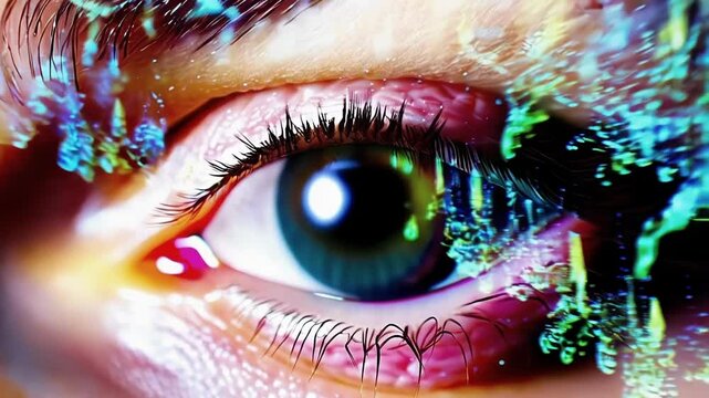 Digital overlay effect illuminating woman eye with futuristic green and blue particle trails, suggesting innovative vision and technological advancements in eye care