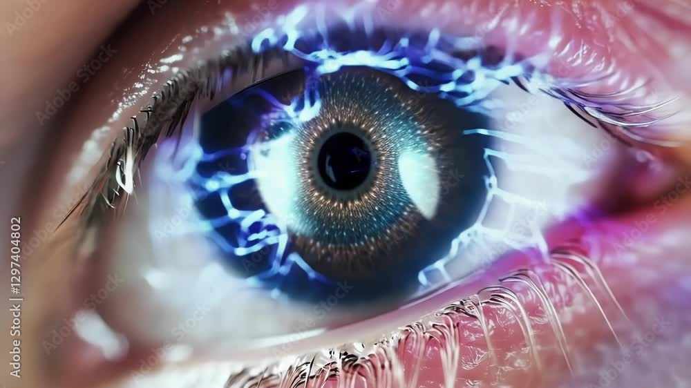 Poster Close up of a human eye undergoing a transformation, revealing an intricate network of connections that grow in complexity, suggesting a process of enhancement or analysis