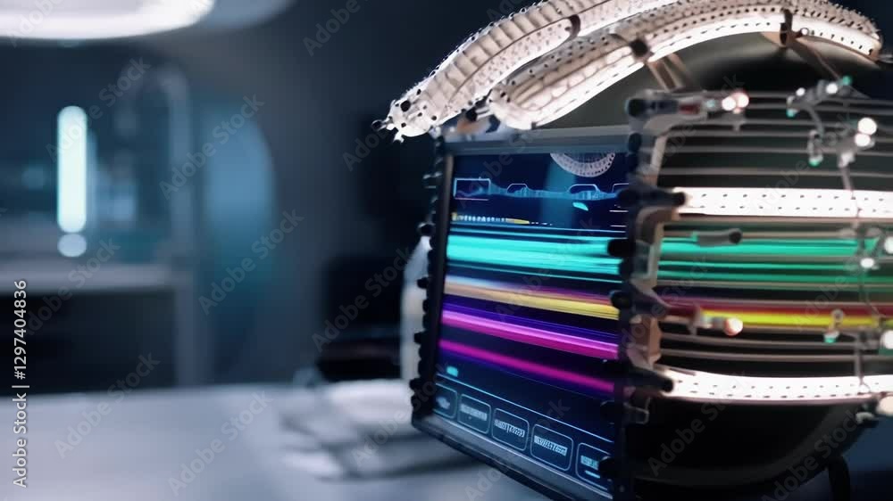 Poster Advanced medical technology analyzing neural activity, displaying intricate brain data visualization on high resolution screen within modern research laboratory environment