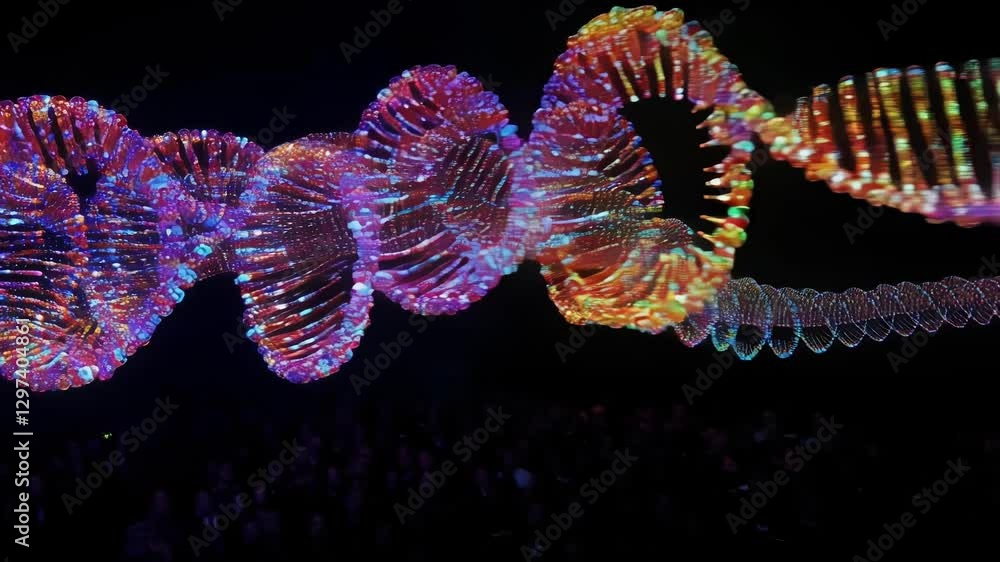 Leinwandbilder rotating colorful dna double helix spinning against dark background, representing intricate genetic 