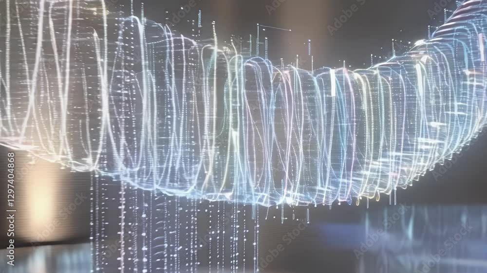 Poster Complex dna structure rotating, emitting glowing particles and forming a dynamic double helix against a dark backdrop with subtle light reflections