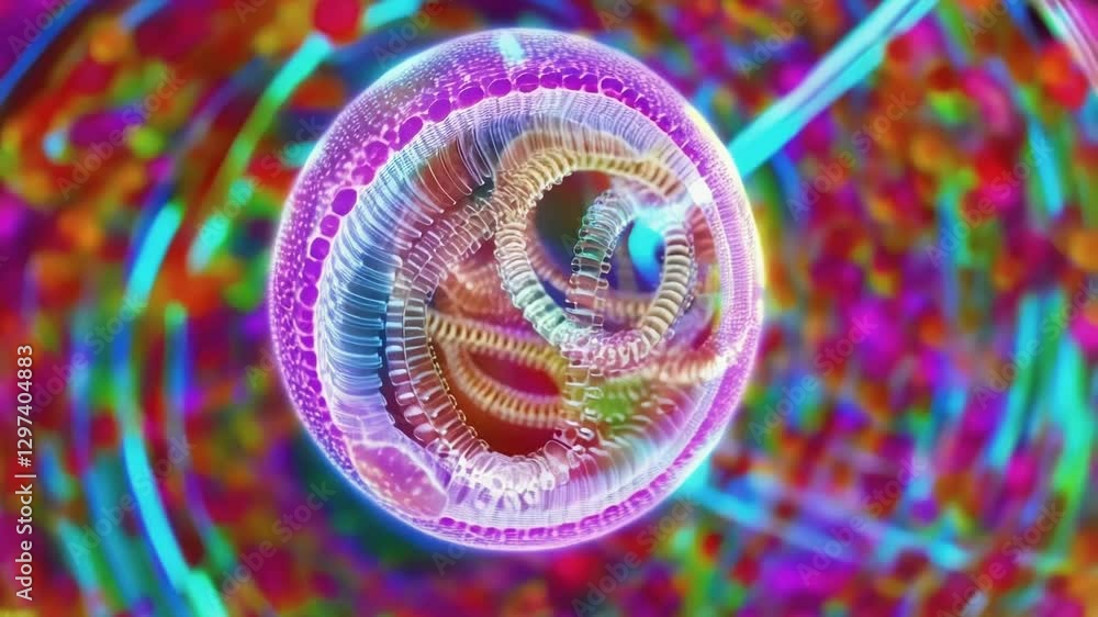 Aufkleber Biological animation shows a transparent cell with dna strands rotating slowly on a colorful background, providing a visual representation of genetic material
