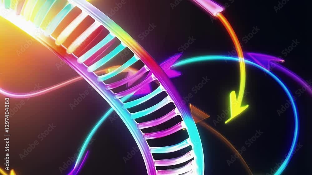 Poster rotating dna double helix glowing with vibrant arrows symbolizing genetic information transfer, mole