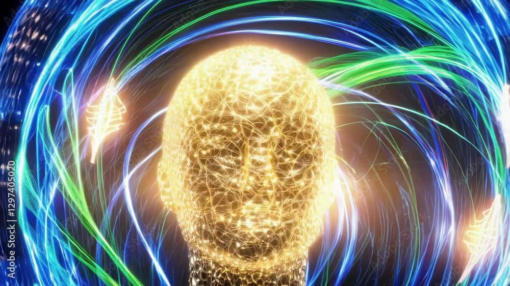 Poster golden energy swirling dynamically around human head, pulsating with increasing intensity, represent