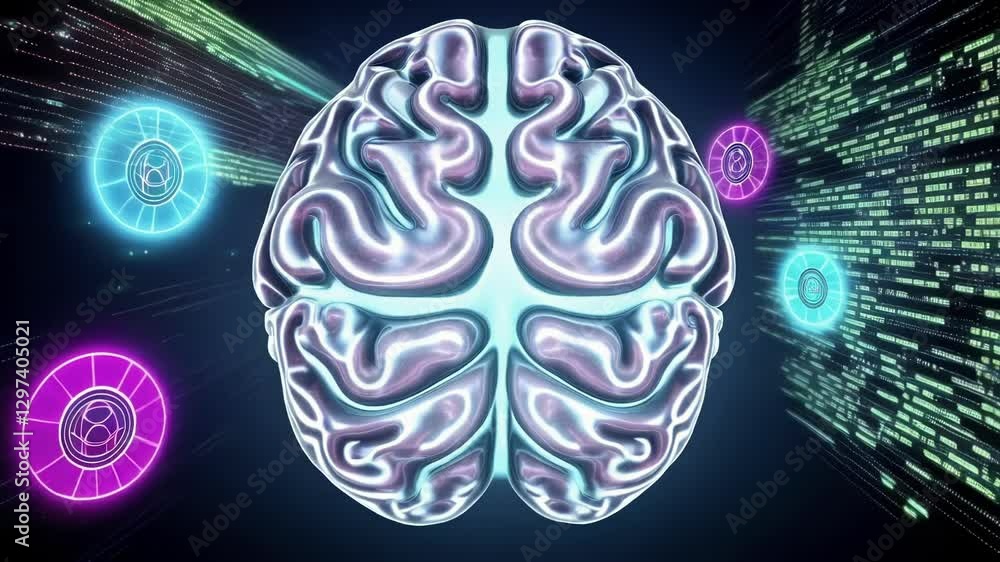 Aufkleber Glowing digital human brain processing data streams and futuristic heads up display elements, suggesting advanced cognitive functions and technological integration