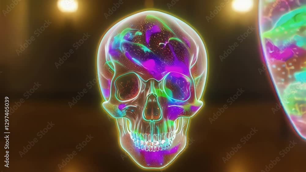 Poster colorful medical animation showing two transparent human heads facing each other, with a colorful hu