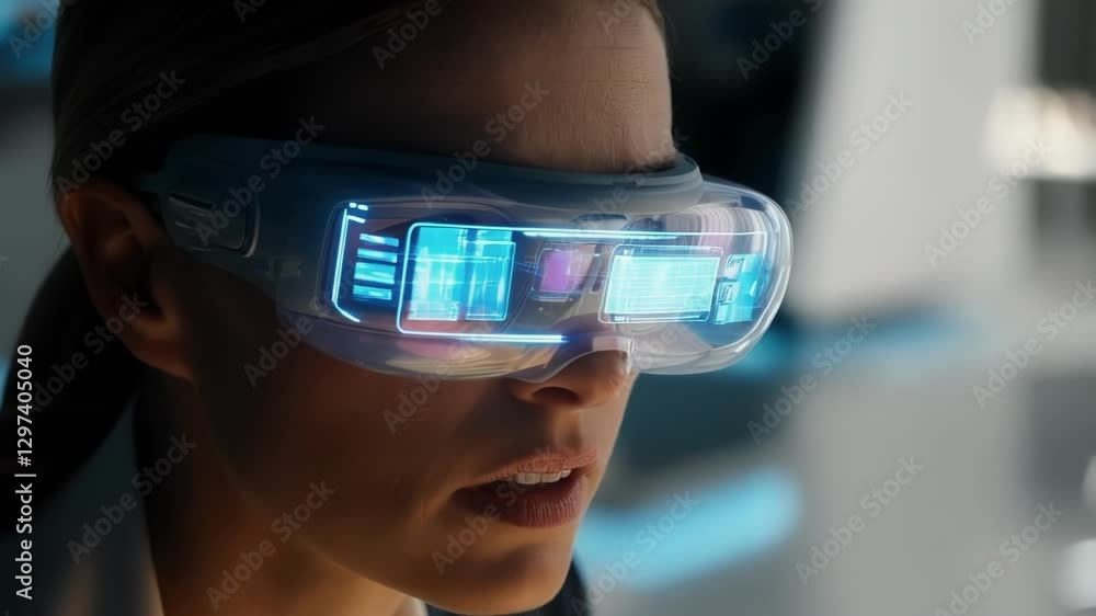 Poster female scientist wearing advanced ar glasses analyzing medical data and research records within cutt