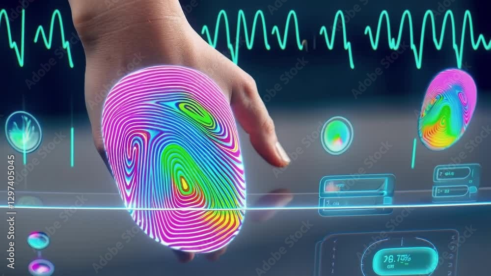 Aufkleber medical professional analyzing patient data, scanning fingerprint on advanced holographic touchscree