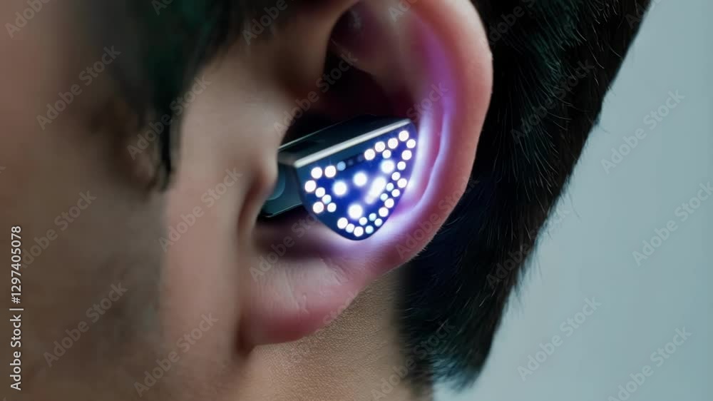 Poster Close up of an ear with a futuristic earpiece displaying changing light patterns, accompanied by a digital interface showing vital signs and data analysis