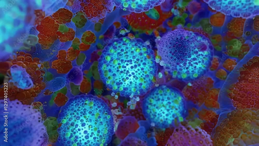 Aufkleber microscopic journey revealing colorful viruses navigating human body systems, highlighting intricate