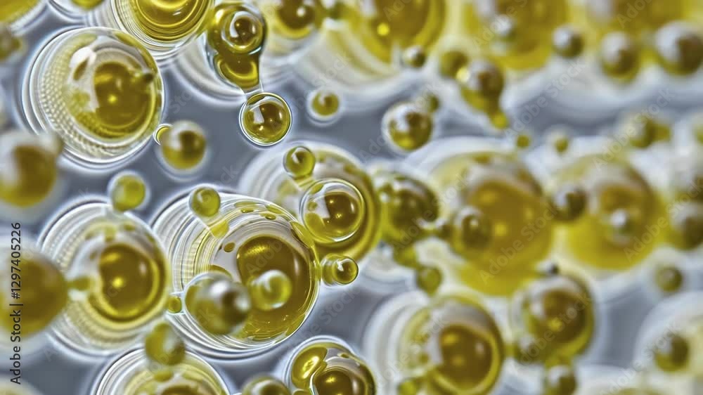 Poster Golden metallic spheres floating and bouncing dynamically across liquid surface, generating rippling interactions with mesmerizing fluid physics and reflective light effects