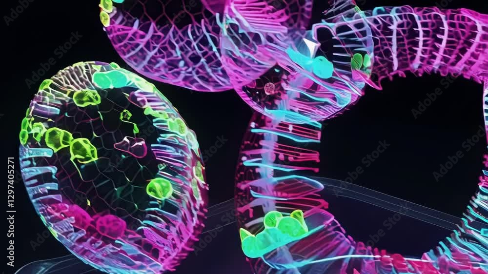 Aufkleber Glowing neon cells and rings rotate in a dark laboratory environment, creating a mesmerizing display of scientific discovery and futuristic biology