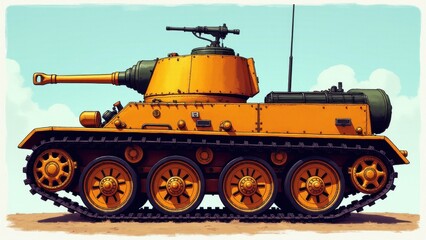 Fototapeta premium A detailed illustration of a tank with prominent tank tracks, featuring a large turret and a long barrel.