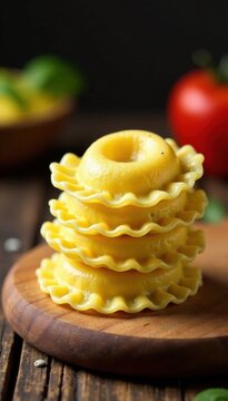Uncooked cappelletti stacked on a wooden board, cappelletti, uncooked