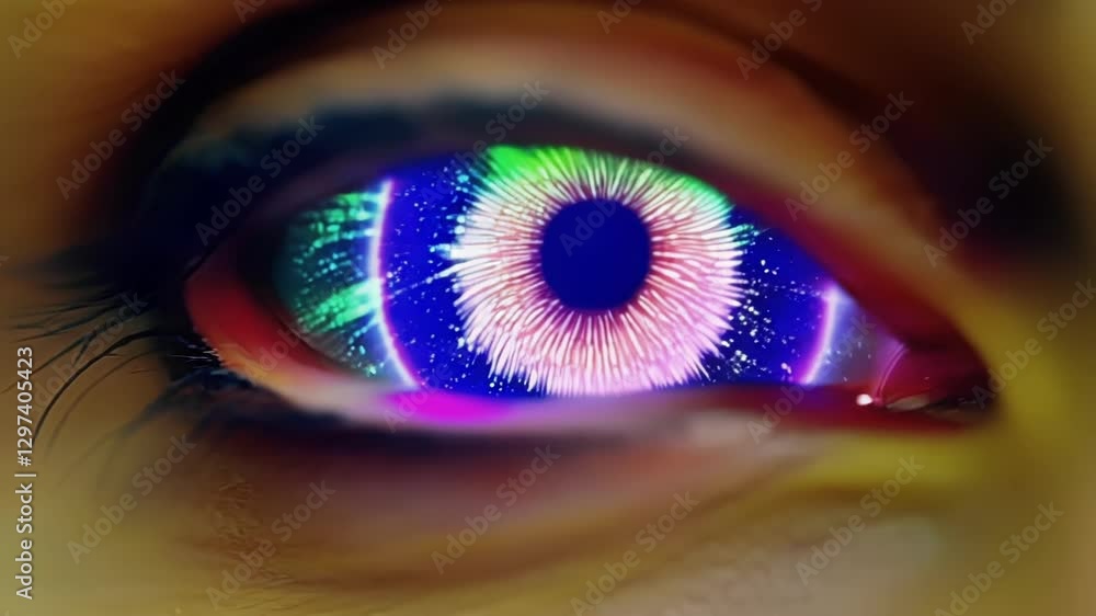 Poster Artificial intelligence and biometric scanning process data in a woman's futuristic eye, changing colors and patterns, symbolizing technological advancement in healthcare