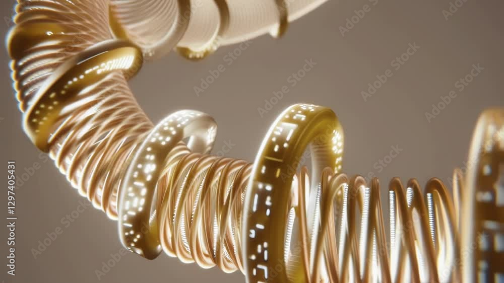 Poster golden rings rotating around a double helix structure, reminiscent of a dna strand, creating a futur