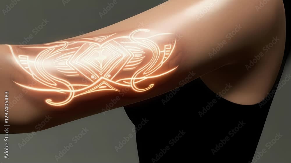 Poster electronic glowing lines are slowly appearing on a woman's arm, creating an intricate futuristic tat