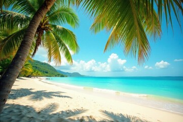 Warm sandy beach with swaying palm trees and turquoise ocean, set against a vintage filter backdrop , sunny day, coastal scenery