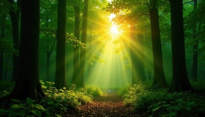 Naklejka premium Warm sunlight filtering through forest canopy creates emerald glow, light, rays
