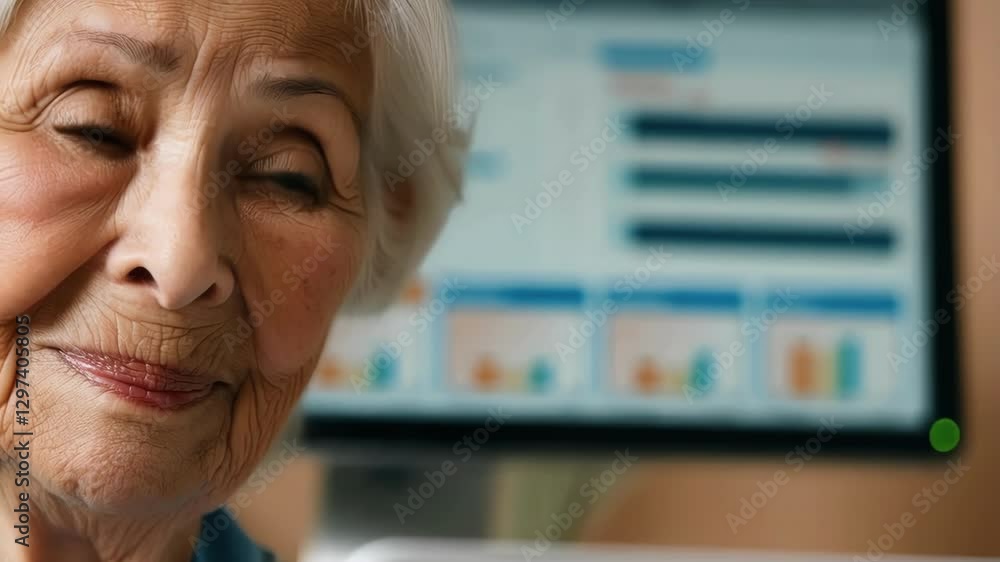 Poster elderly female doctor examines patient information displayed on a computer monitor, showcasing a foc