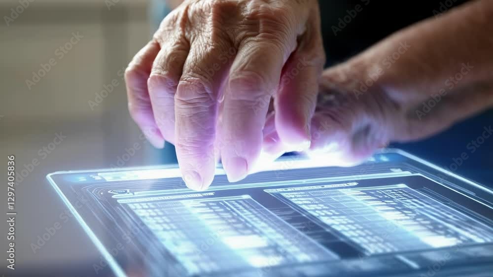 Poster elderly woman interacts with a futuristic transparent tablet, her fingers navigating through glowing