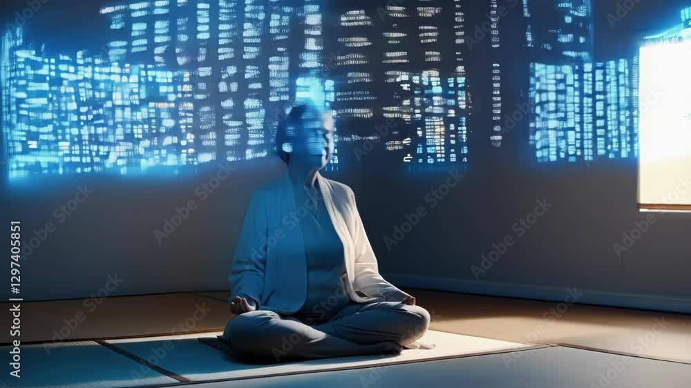 Poster elderly woman wearing casual clothes practices meditation in a smart home environment, with a futuri
