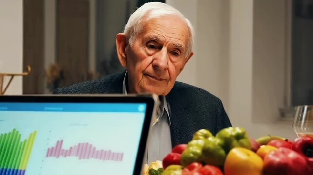 Senior man examines nutritional information on a tablet, sitting at a table with a bowl of fresh fruit, possibly correlating diet with health data